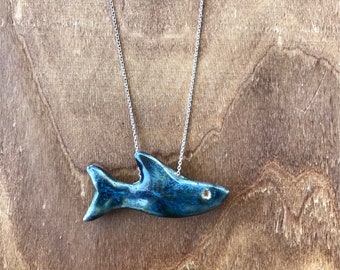 Sterling Silver Ceramic Handmade Shark Pendant Necklace Blue