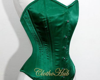 Dark Green Satin Overbust Corset: Steel-Boned Lace-Up Waist Trainer