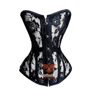 Black Mesh Overbust Corset: Steel Boned Waist Trainer, Lace Up Bustier image 1