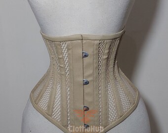 Beige Mesh Corset Belt, Steel Boned Underbust Waist Trainer
