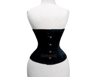 May include: A black corset with a satin finish, displayed on a white mannequin. The corset features a structured design with silver-colored clasps down the front. The brand name "Clothohub" is visible on the lower part of the corset.