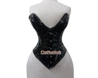 Shiny PVC Corset Top – Overbust Steel Boned Waist Cincher, Shaper Gothic Clubwear Fetish Fashion Outfit