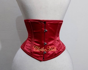 Red Satin Underbust Corset Belt: Gothic Lace-Up Waspie