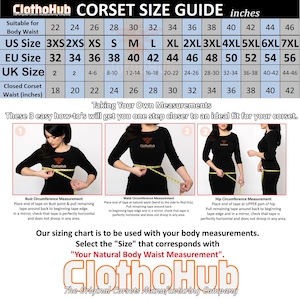 May include: A corset size guide from ClothoHub, with US, EU, and UK sizes, and closed corset waist measurements in inches. Includes instructions for bust, waist, and hip circumference measurements. The text reads "Your Natural Body Waist Measurement."