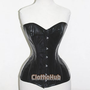 Black PVC Corset Heavy Duty Overbust Waist Trainer Steel Boned Lace up Corset Top Dress Cosplay Clubwear Party Dress
