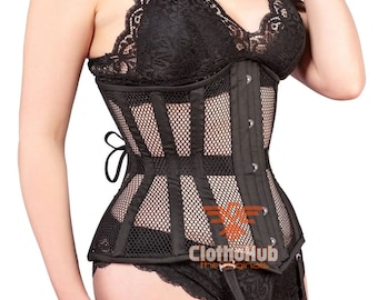 Women Handmade Corset Underbust Mesh Cotton Corset Lace up Steel Boned Waist Trainer P12MC