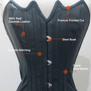 May include: A black leather corset with steel busk closure, spiral steel bones, and durable stitching. The corset features a pointed cut at the top and is made from 100% real cowhide leather.