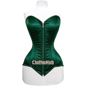 May include: A dark green corset with a sweetheart neckline and a silver zipper closure. The corset is made of a shiny fabric and is displayed on a white mannequin. The text "Clothohub" is visible on the corset.