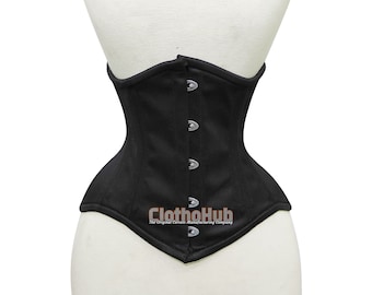 May include: A black corset with a pointed bottom and silver metal hooks and eyes. The corset is made of a smooth fabric and has a subtle sheen. The text "ClothoHub The Original Corset Manufacturing Company" is printed on the bottom of the corset.