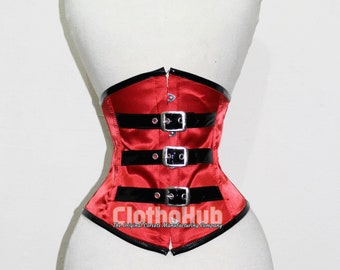 Red Satin Underbust Corset: Steel Boned Waist Trainer, Buckled Steampunk Style