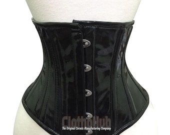 Black PVC Underbust Corset: Steel Boned Waist Trainer, Steampunk Cosplay