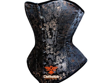 May include: A black and gold brocade corset with a busk closure and a floral pattern. The corset has a black satin trim and is made of a high-quality fabric.