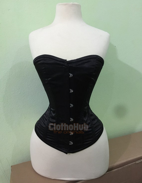Handmade Steel Boned Corset: Black Satin Fullbust Waist Trainer