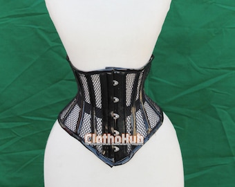 May include: A black mesh corset with a shiny finish and silver metal hardware. The corset has a pointed bottom and is designed to cinch the waist.