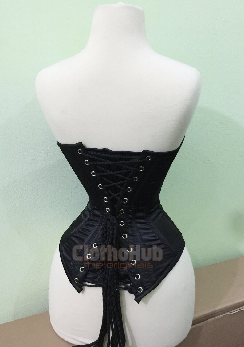 Handgefertigte Stahl Ohne Knochen Korsett: Schwarzer Satin Vollbrust Taille Trainer Bild 3