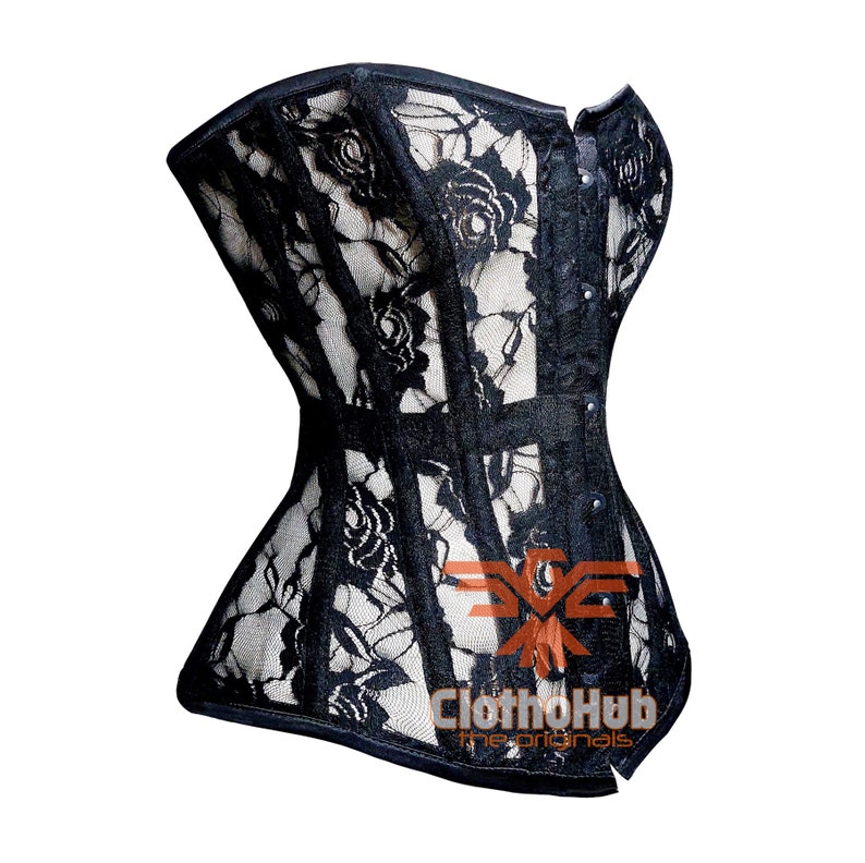 Black Mesh Overbust Corset: Steel Boned Waist Trainer, Lace Up Bustier image 3