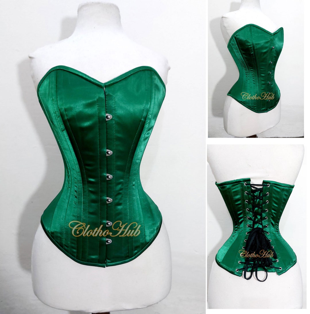 Dark Green Satin Overbust Corset Dress Top: Steel-boned Waist Trainer ...