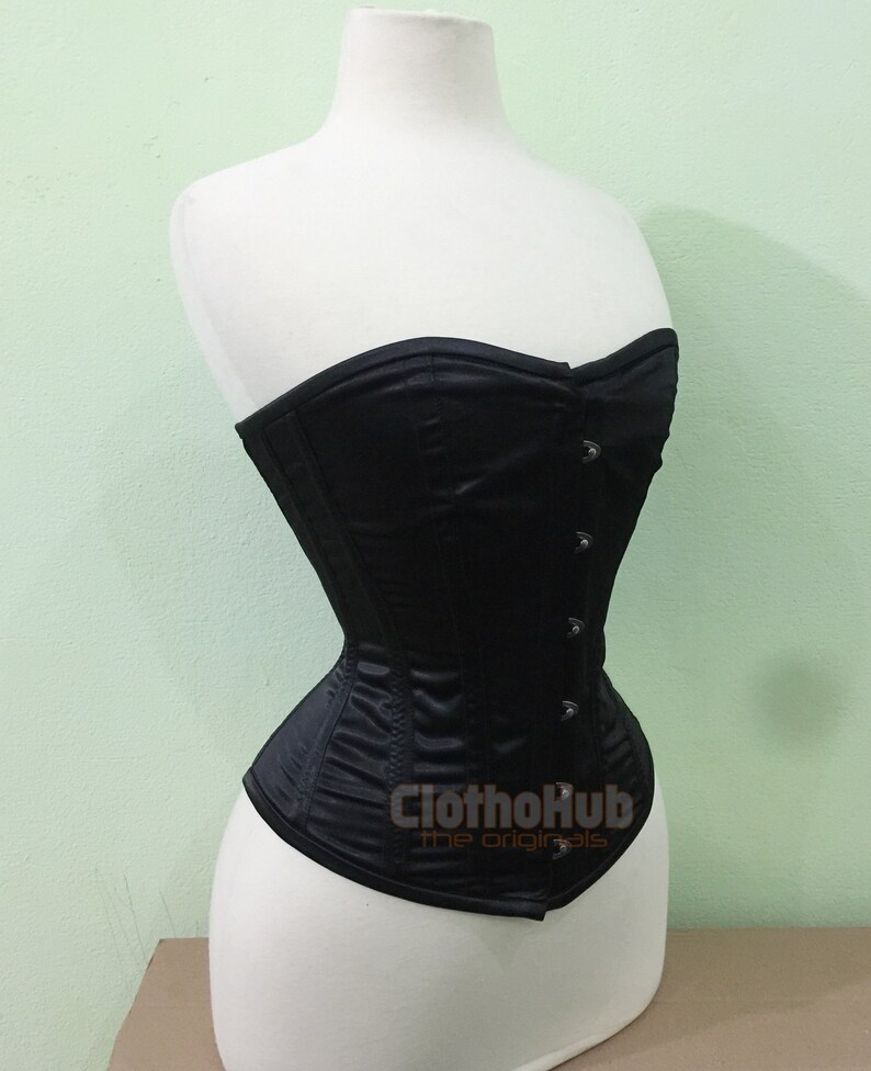 Handgefertigte Stahl Ohne Knochen Korsett: Schwarzer Satin Vollbrust Taille Trainer Bild 2