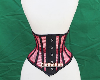 May include: A black and red mesh corset with a front closure and metal eyelets. The corset is on a white mannequin. "ClothoHub" is printed on the front of the corset.