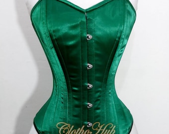 Dark Green Satin Overbust Corset Dress Top: Steel-Boned Waist Trainer Lace-Up Back Corset Bustier