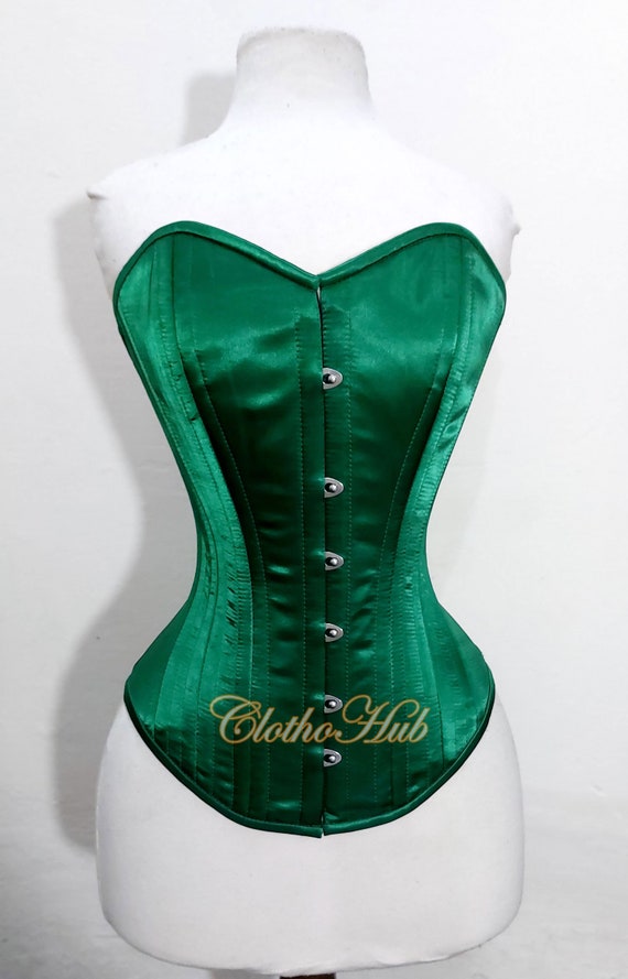 Dark Green Satin Overbust Corset Dress Top: Steel-boned
