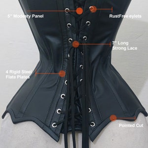 May include: Black leather corset with a 5 inch modesty panel, 4 rigid steel flat plates, a pointed cut at the bottom, and a 7 inch long strong lace up back with rust-free eyelets.