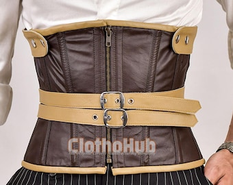 Corsé de cuero bajo el busto para hombre: atuendo gótico steampunk con varillas de acero