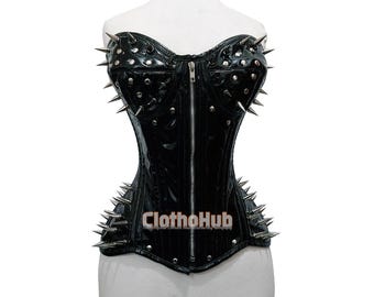 Schwarzes PVC Overbust Korsett mit Spikes: Steel Boned Zipper Clubwear