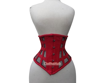 May include: Red corset with black mesh panels and silver metal eyelets. The corset is on a white mannequin. "ClothoHub" is printed on the front of the corset.