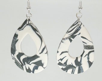 Glam Mosaic - Large Open Teardrop - White, Silver, Gray - Stirling Silver Hook Dangles