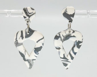Glam Mosaic - Inverted Open Spade - White, Silver, Gray - Stirling Silver Hook Dangles