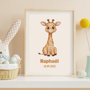 Personalized poster with first name and date of birth - children&#39;s room decoration - birth gift - PDF format A4 A3 - watercolor giraffe