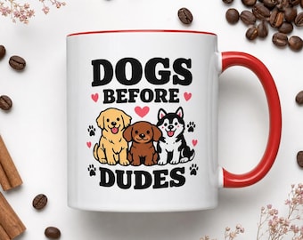 Funny Dog Mom Gift Mug, Dogs Before Dudes, Single Woman Dog Lover Birthday Gift for Her, Red Handle Ceramic Coffee Cup, Cute Dogs Hearts