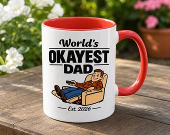 Funny Father's Day Mug Worlds Okayest Dad Gift, Sarcastic Dad Coffee Cup from Kids, Red Handle Ceramic Mug, Humor Dad Birthday Gift Est 2026