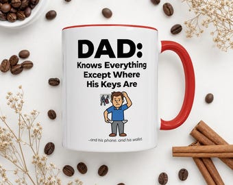 Funny Father's Day Mug, Dad Knows Everything Except His Keys, Sarcastic Dad Gift from Kids, Red Handle Ceramic Coffee Cup Birthday Gift 2026