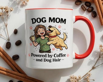 Funny Dog Mom Gift Mug, Powered by Coffee and Dog Hair, Dog Lover Birthday Gift for Her, Red Handle Ceramic Coffee Cup, Relatable Pet Mom