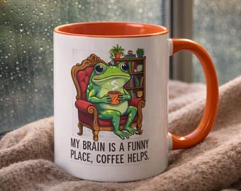 Lustige Frosch-Kaffeetasse mit orangem Griff – Geschenk für Kaffeeliebhaber