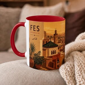 Fes Morocco Travel Mug, Moroccan City Coffee Cup, Morocco Gift, Fes Medina Souvenir Mug, North Africa Travel Gift, Red Handle Ceramic Cup
