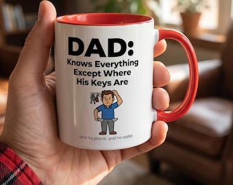 Grappige vaderdagmok, vader weet alles behalve zijn sleutels, sarcastisch vadercadeau van kinderen, keramisch koffiekopje met rood handvat, verjaardagscadeau 2026
