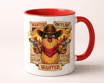Funny Cowboy Mug, Peanut Outlaw Coffee Cup, Western Humor Gift for Dad, Red Interior Ranch Coffee Mug, Unique Gag Gift for Him