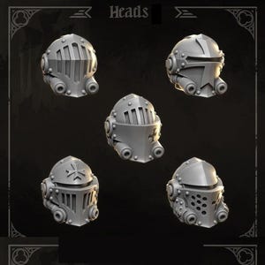 May include: A collection of grey miniature heads, including various helmet designs and detailed facial features. The image features the text "Heads" at the top and the "Greytide Studio" logo at the bottom. The heads are likely for miniature figures or models.