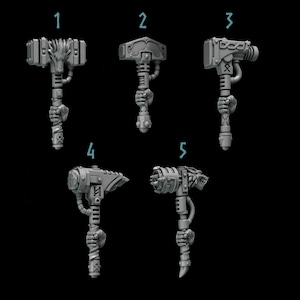 May include: Five different 3D printed miniature weapon models for tabletop games. The weapons are all hammers with different designs and details. The models are gray and have a textured surface.