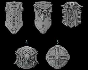 3d Printed Shield x 5 Primal Hounds Armor Upgrade Bits Conversion Bits Runic Glyph Bits Tribal Kitbash Greytide Studio