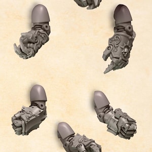May include: A collection of grey, detailed miniature fists, likely for tabletop gaming or model building. The image includes multiple articulated fist designs, with the word "Fists" at the top. The GreyTide Studio logo is at the bottom.