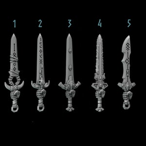 May include: Five different 3D printed sword designs, each with a unique blade and hilt. The swords are all gray and have intricate details.