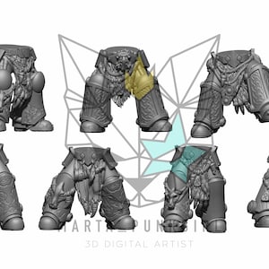 May include: A collection of seven gray 3D-printed leg armor pieces, each with intricate wolf and ornate designs. The pieces are arranged on a white background, showcasing the details of the digital art. The text "MARTA PUNK" and "3D DIGITAL ARTIST" is visible.
