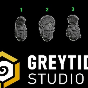 May include: Three gray miniature helmet designs with ornate details, including crests and visors. The helmets are numbered 1, 2, and 3. The logo for Greytide Studio is in the lower left corner, with the company name in white text.