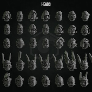 May include: A set of 40 miniature plastic heads for use in wargaming or model making. The heads feature a variety of styles, including helmets, hoods, and bare heads. The heads are all in a grey color.