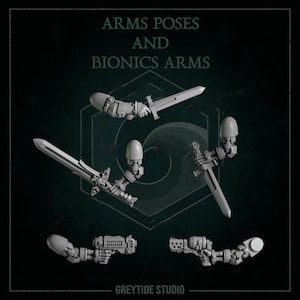 May include: A set of 3D printed miniature arms with different poses and weapons, including a sword, a pistol, and a futuristic weapon. The arms are grey and are designed for use in tabletop games or miniature painting.