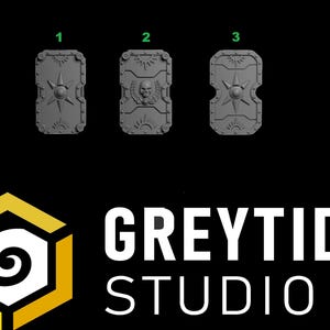 May include: Three grey rectangular shields labeled 1, 2, and 3. Shield 1 and 3 feature a central star emblem with sunburst motifs. Shield 2 displays a central skull with wings. The text GREYTIDE STUDIO appears below with a yellow and black logo.